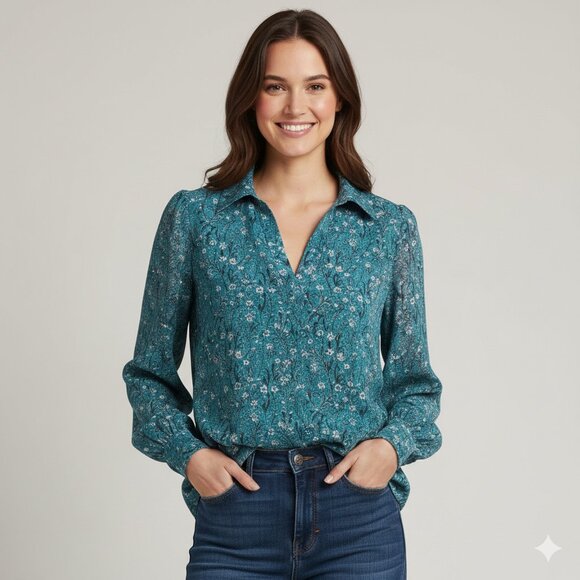 CAbi Tops - CAbi Chase Field of Flowers X-Small Sheer Long Sleeve V-Neck Blouse EUC